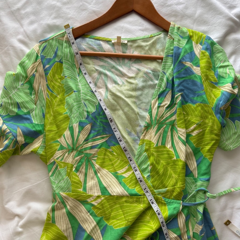 En Creme Tropical Palm Wrap Dress Green Blue Linen Large Mini Wedding Guest - Picture 11 of 12